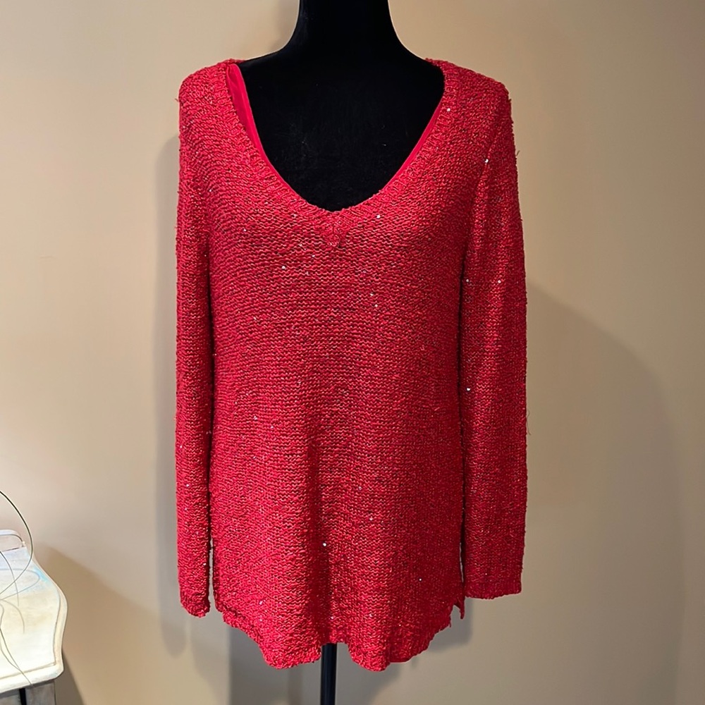 Red knit sweater w/metallic threads and sequin embellishments (L).